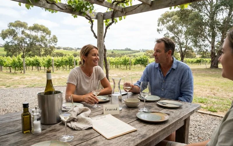 A reserved table set with wine glasses and a small booked sign on a winery restaurant terrace overlooking vines