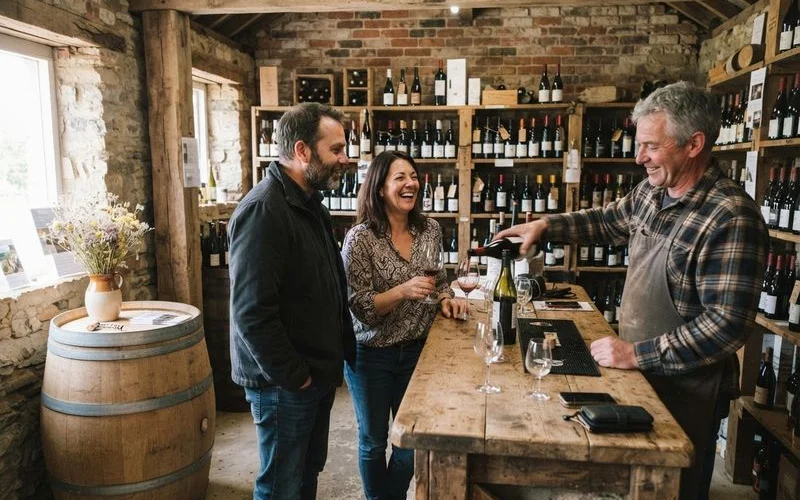 A small family-run cellar door with a hand-painted sign and rows of vines behind it in Swan Valley