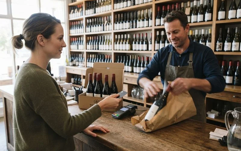 A host handing a boxed bottle of red wine across a timber counter to a visitor at a Swan Valley cellar door