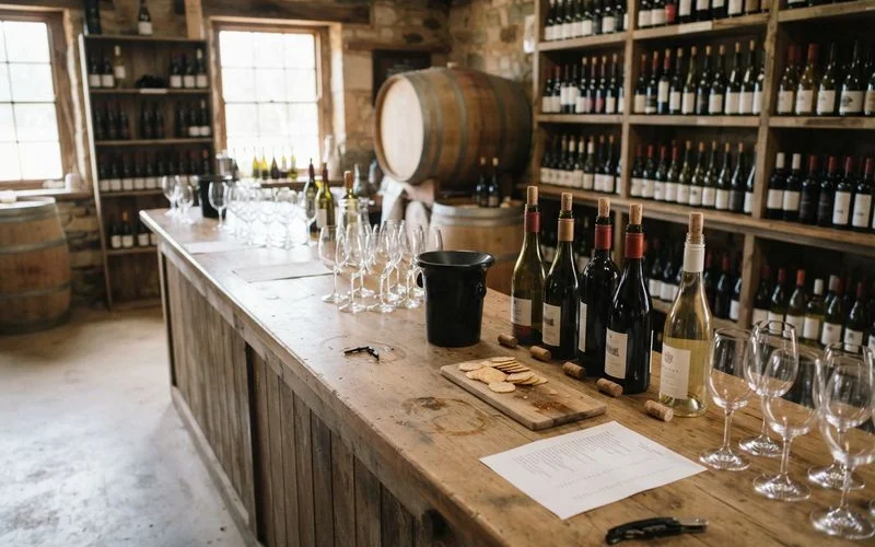 Visitors at a timber cellar door counter being poured a small flight of wines by a staff member