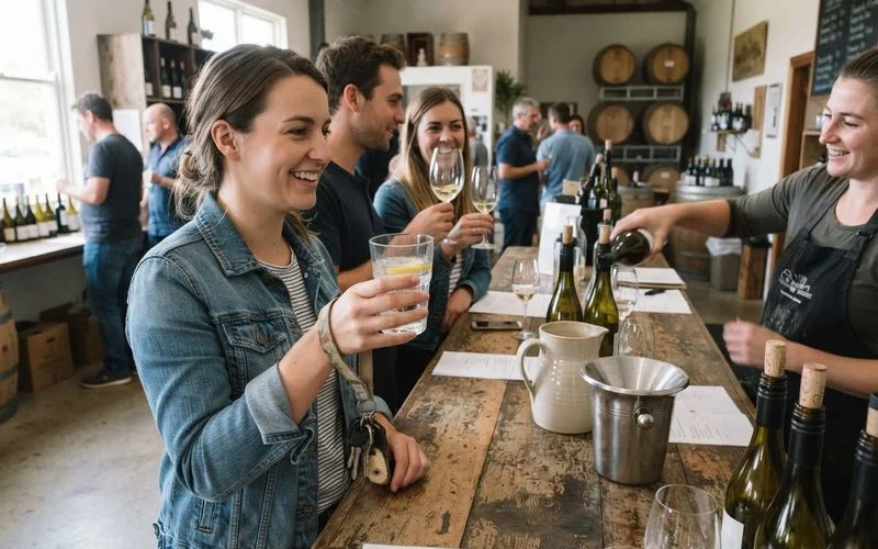 A designated driver holding car keys and a glass of water while friends taste wine at a cellar door counter