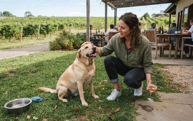 A well-behaved dog lying on a shaded lawn next to a table of wine glasses at a Swan Valley winery