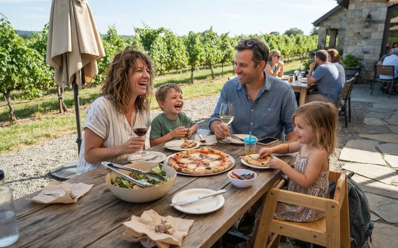 A family eating lunch at a shaded outdoor table with children playing on the grass nearby at a Swan Valley winery