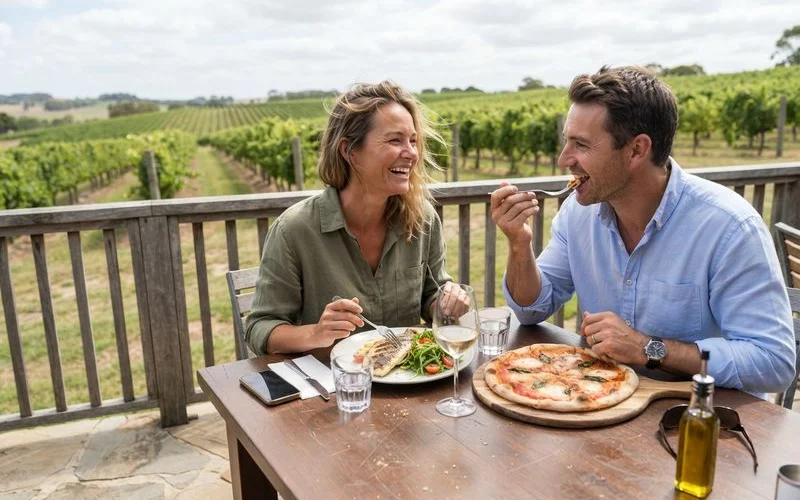 A shared table of dishes and wine glasses on a shaded vineyard terrace at a Swan Valley winery restaurant
